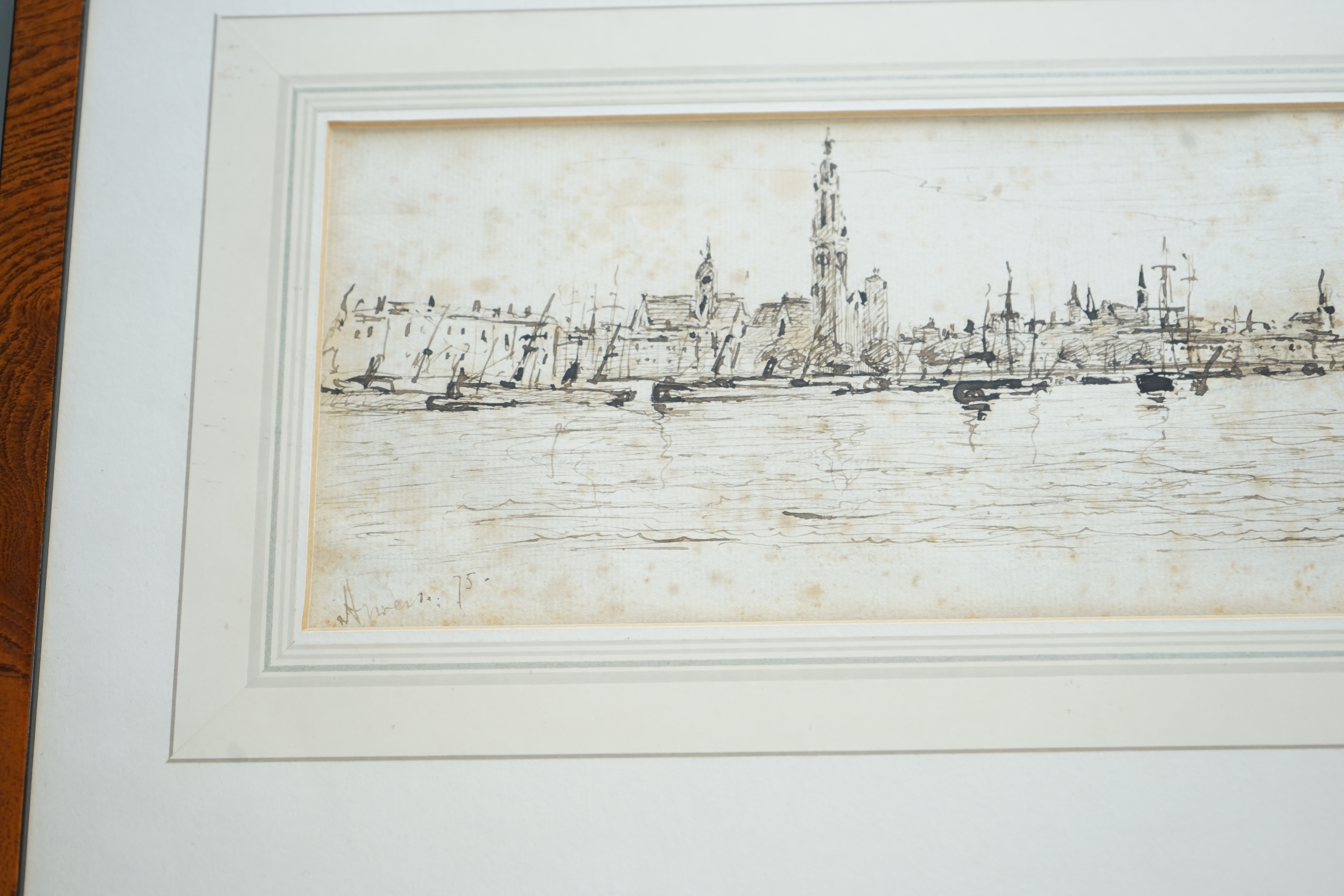 Scott, 19th century pen and ink sketch, ‘Anvers, Belgium’, signed and dated '75, 10 x 34cm. Condition - poor to fair